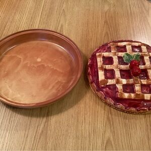 Vtg Covered Cherry Pie Plate Dish Glazed Terra Cotta ceramic 11"